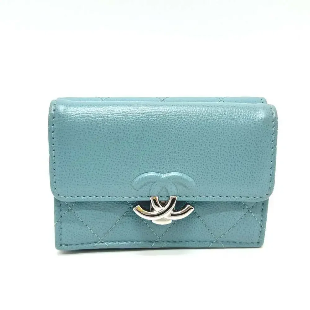 CHANEL Blue Leather Logo Wallet